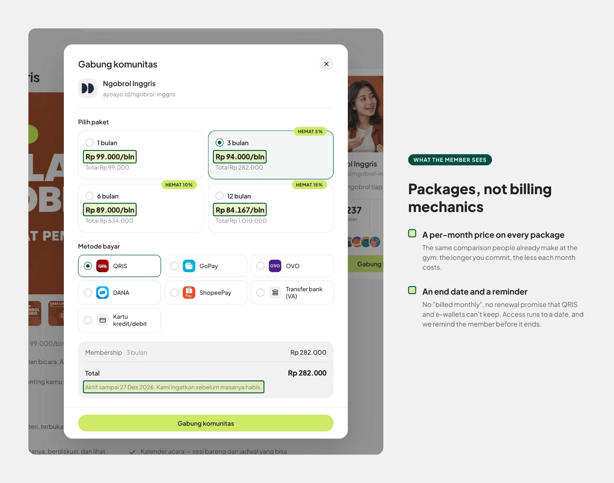The Ayoayo join screen a member sees: 1, 3, 6 and 12-month packages, each shown as a price per month with the saving marked, a choice of QRIS, GoPay, OVO, DANA, ShopeePay, bank transfer or card, and a note that access runs to a set date with a reminder before it ends.