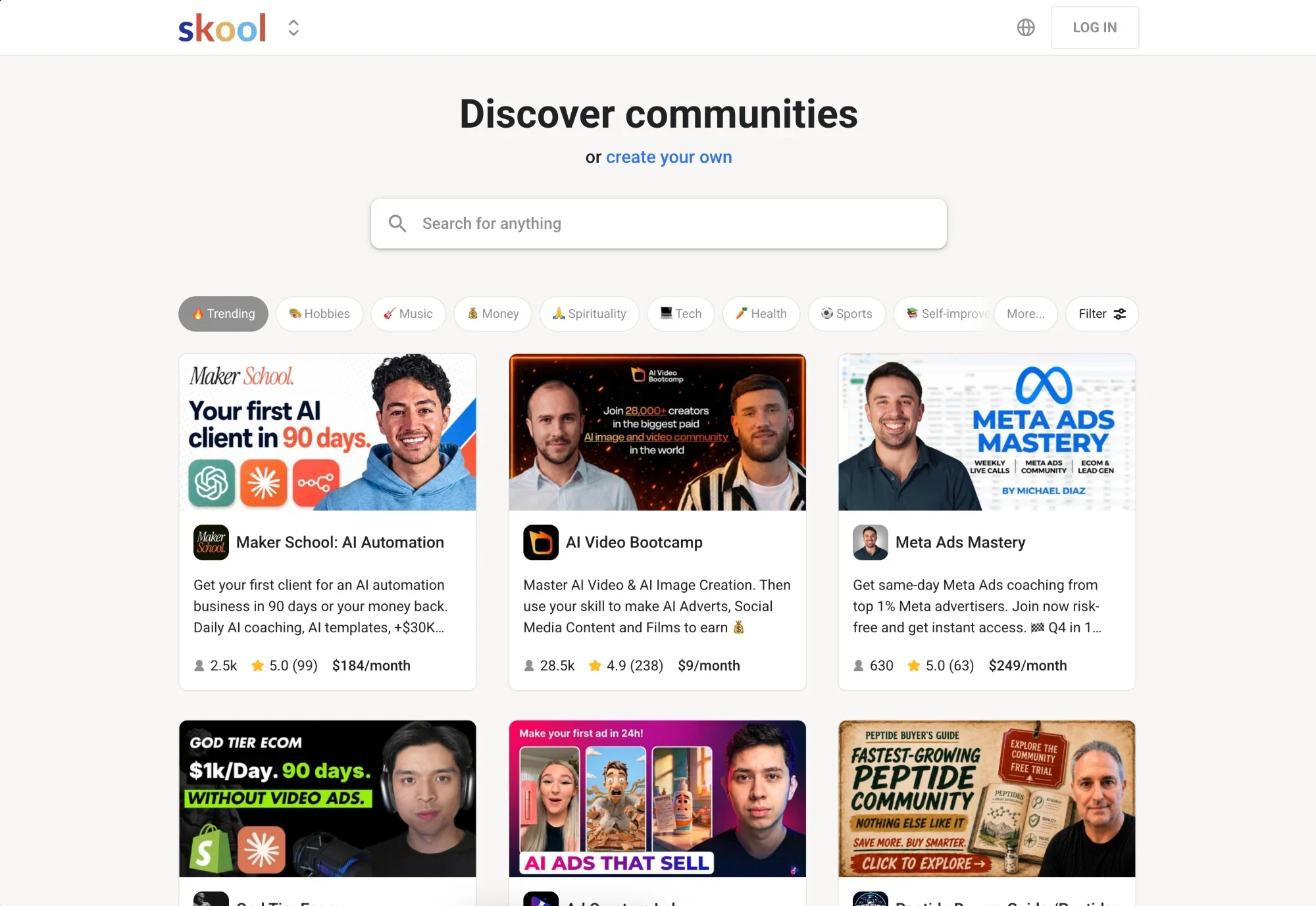 Skool's Discover communities page: a grid of paid communities, each with a single monthly price