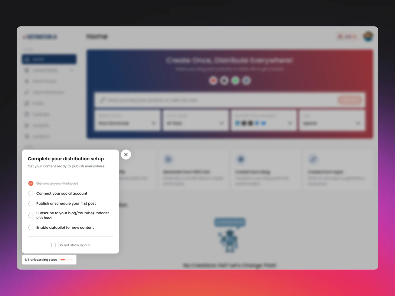 The in-app setup checklist on the home screen