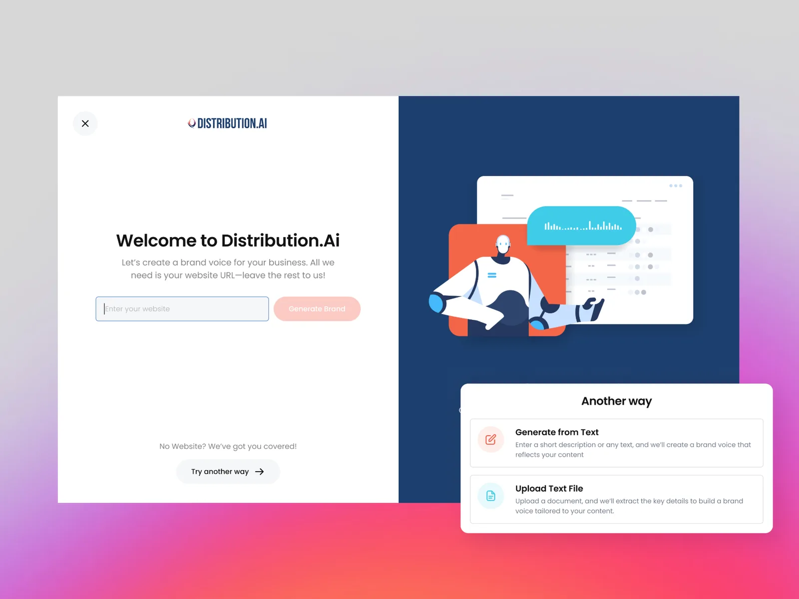 Onboarding: enter your website URL, with a link through to text and file options