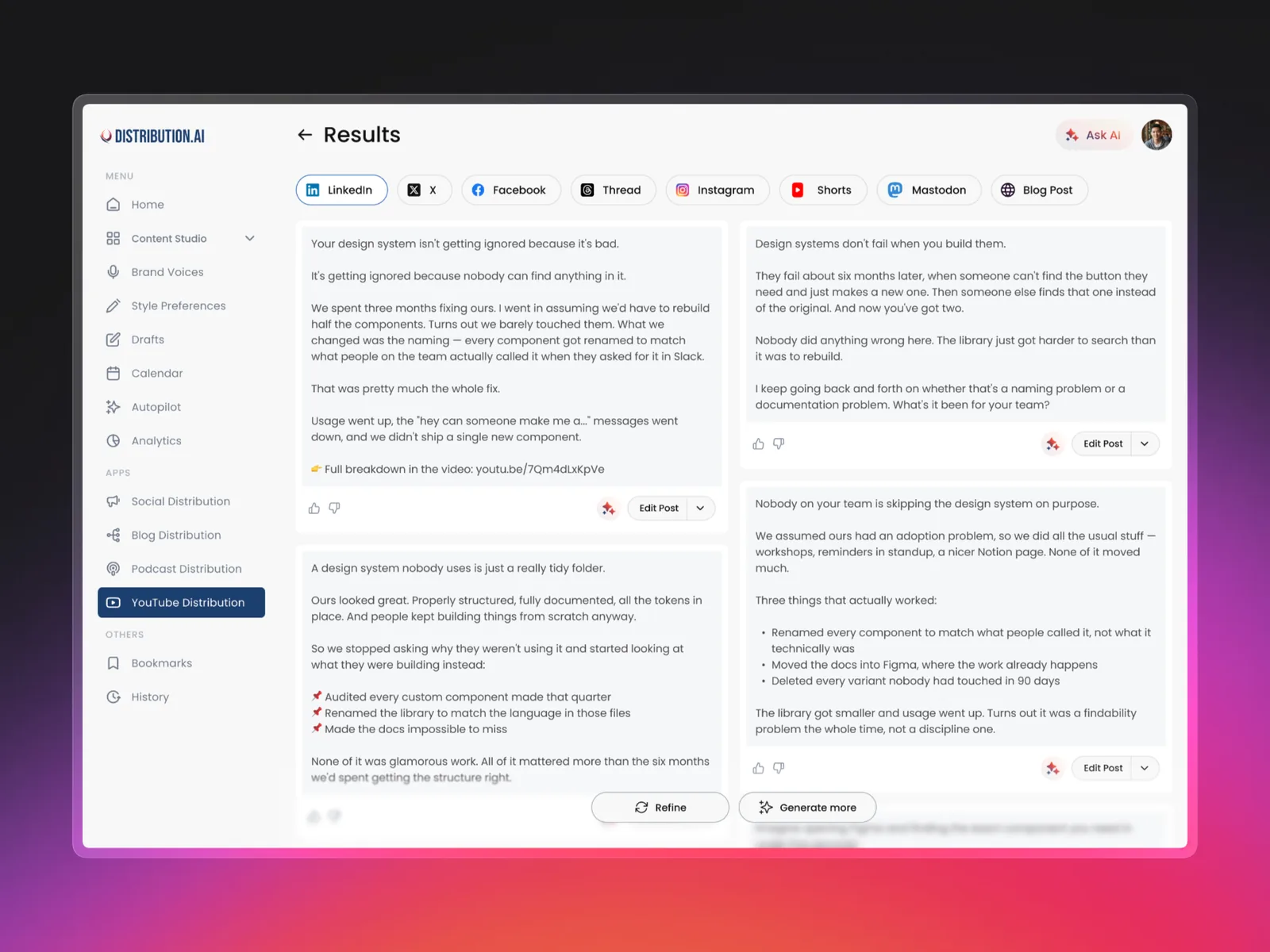 The results page, showing generated posts per platform