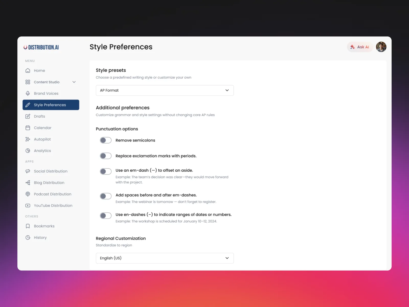 Style Preferences screen with punctuation, regional, ampersand and number toggles