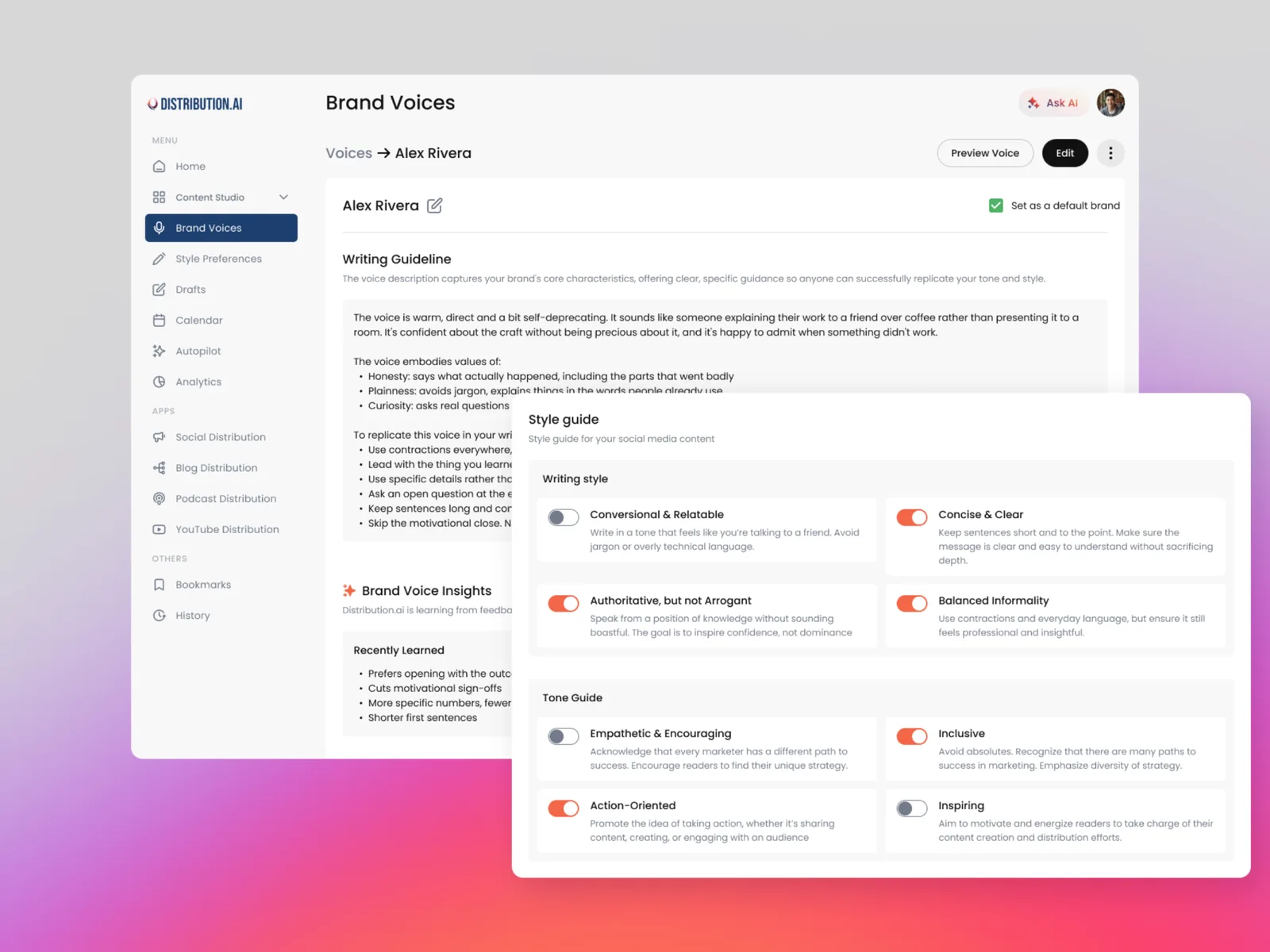 Brand voice detail page with editable writing guideline, style toggles and excerpts