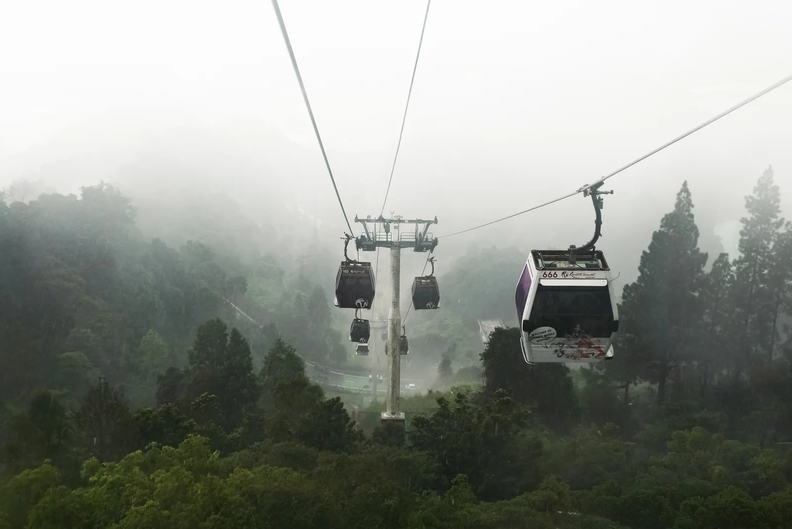Cable cars descending through the fog