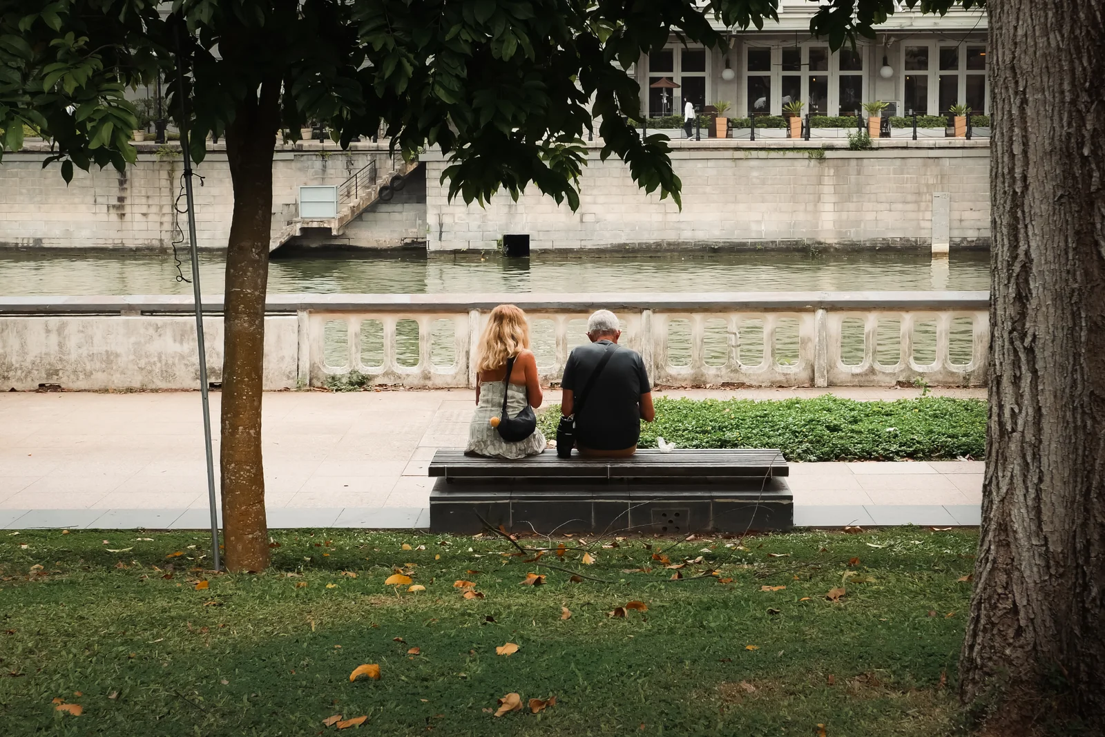 A couple sitting on a bench under the trees