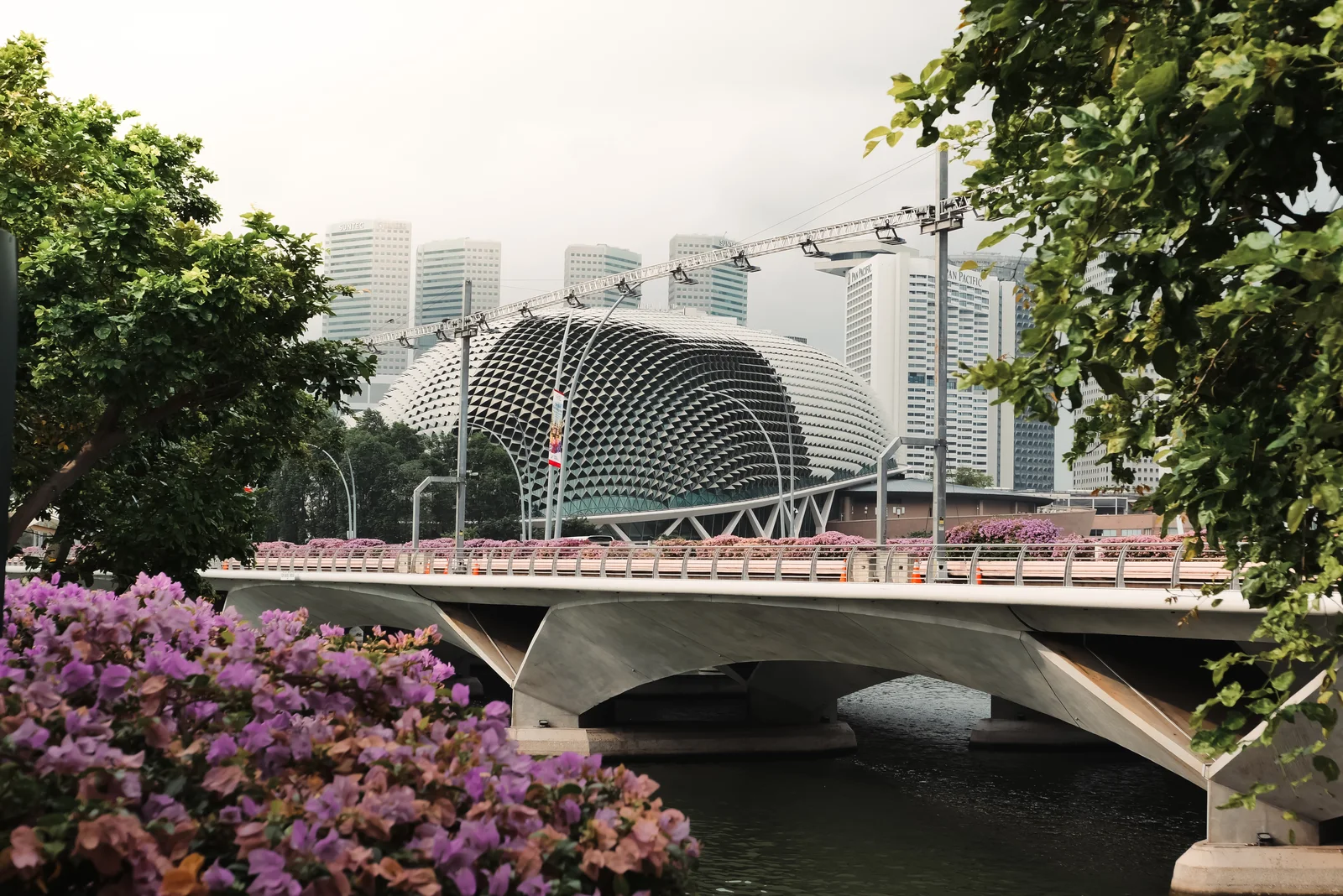 A bridge at the Esplanade with the skyline behind