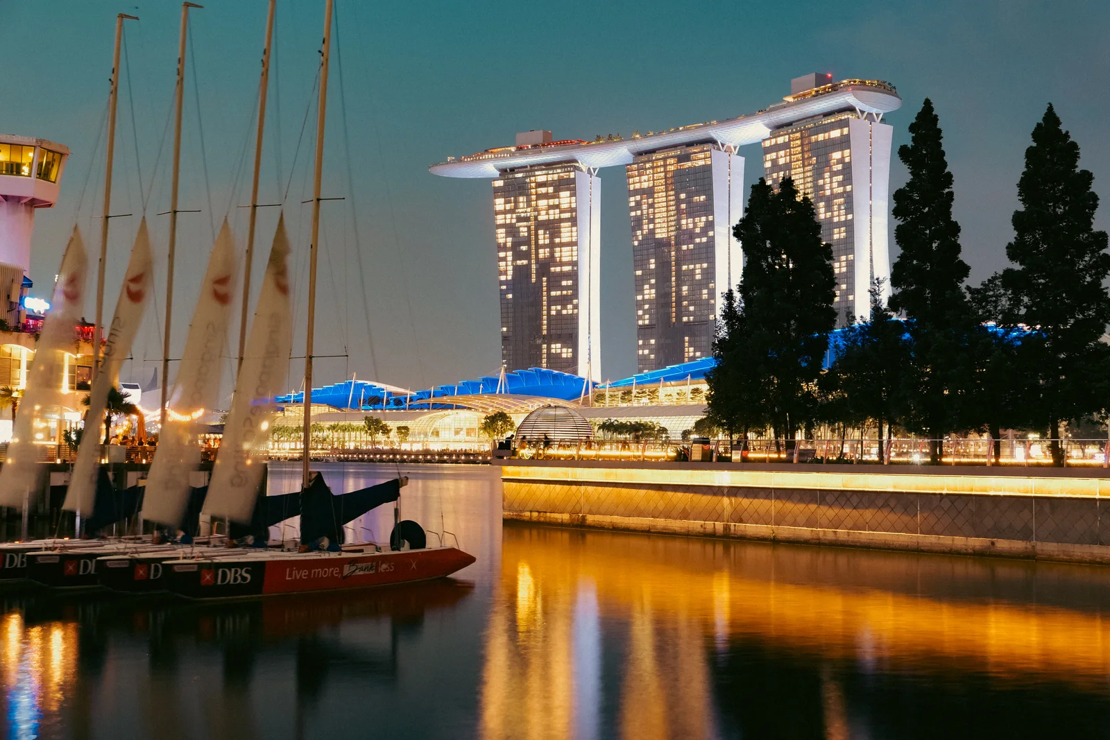 Boats moored with Marina Bay Sands in the background