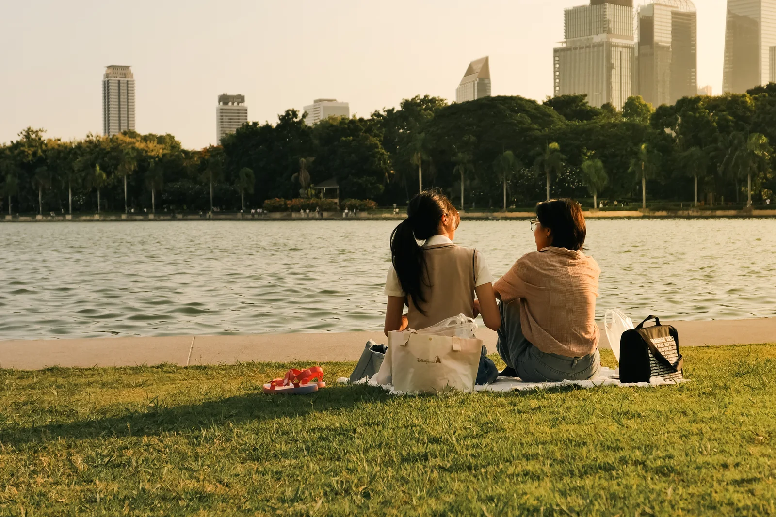 A couple sitting on the lakeside lawn, skyline behind